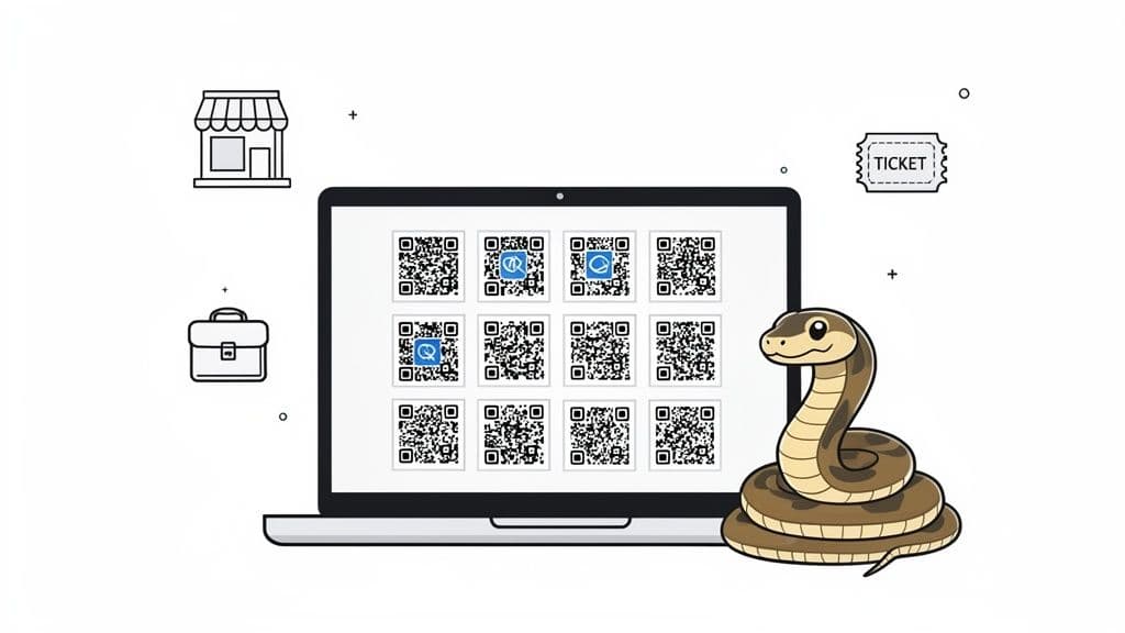 A laptop screen displays a grid of QR codes, accompanied by business icons and a cartoon python.