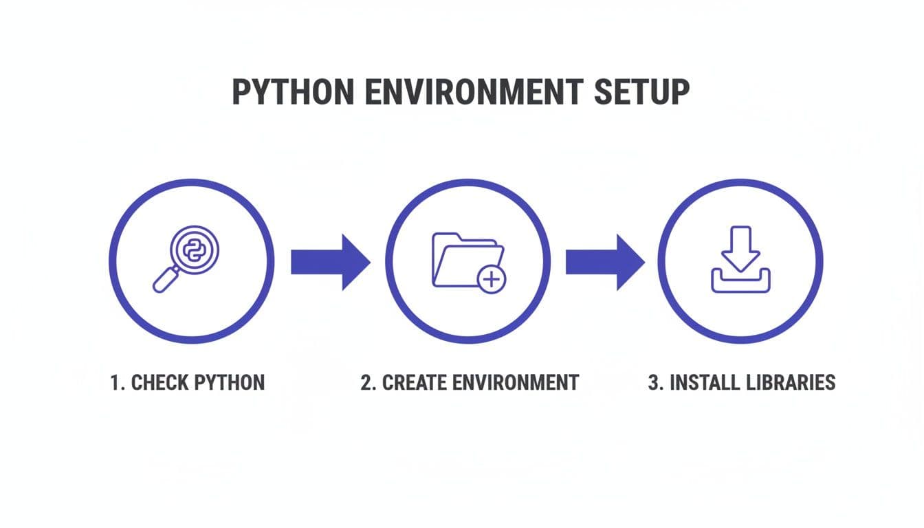 A three-step guide on Python environment setup: check Python, create environment, and install libraries.