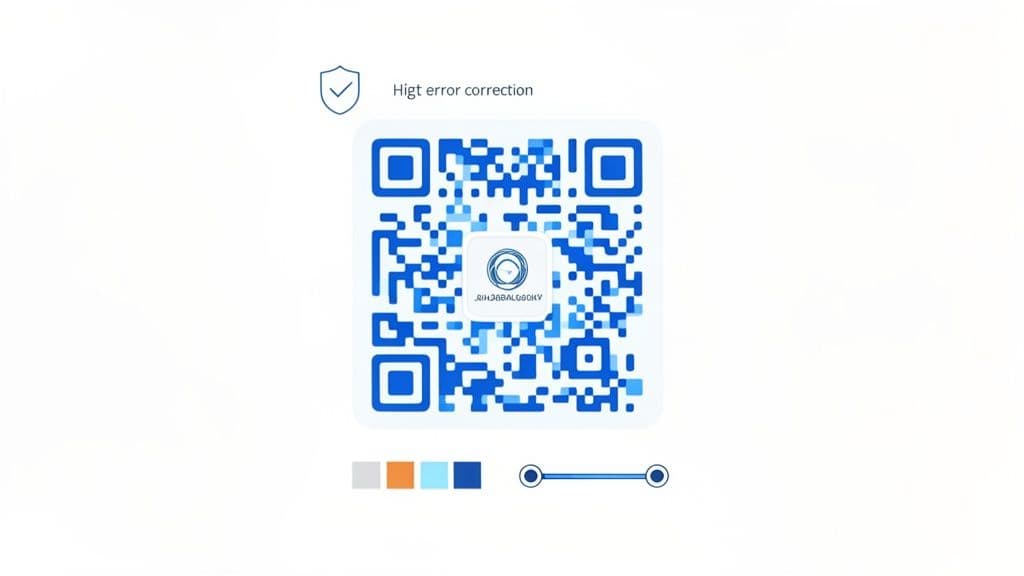 A blue QR code with a central logo, an error correction label, and color customization options.