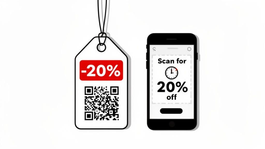 A tag displaying a 20% discount QR code and a smartphone scanning the offer.