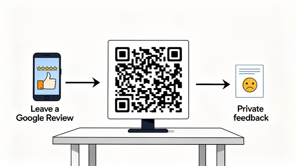 A diagram showing a QR code directing users to leave a Google Review or provide private feedback.