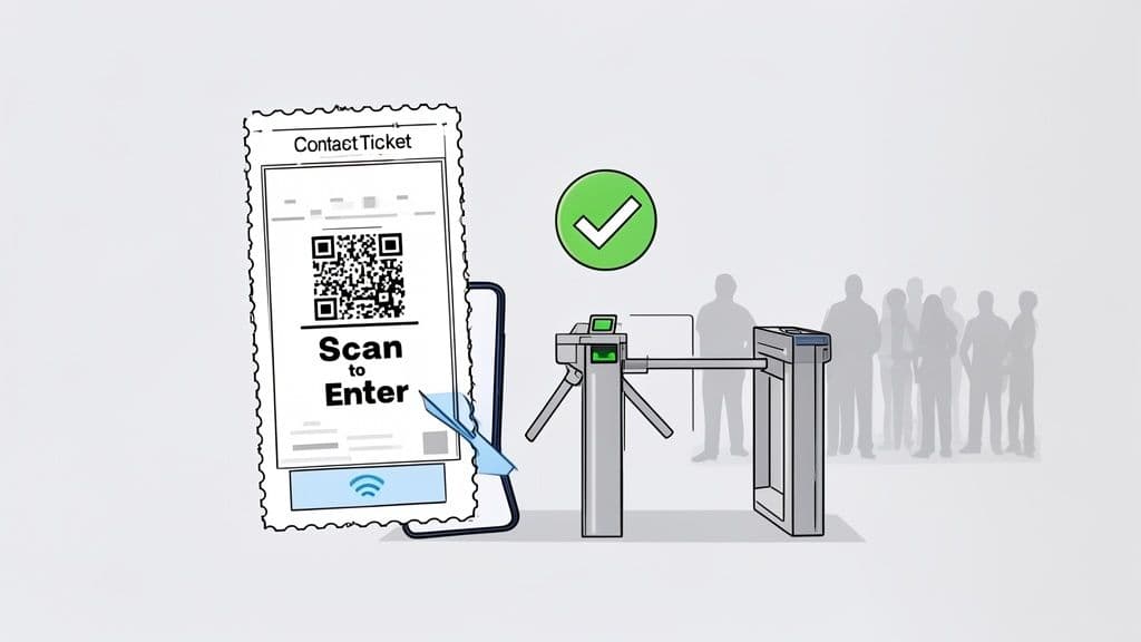 A smartphone displaying a QR code ticket is scanned at a turnstile, granting successful entry, with a queue behind.