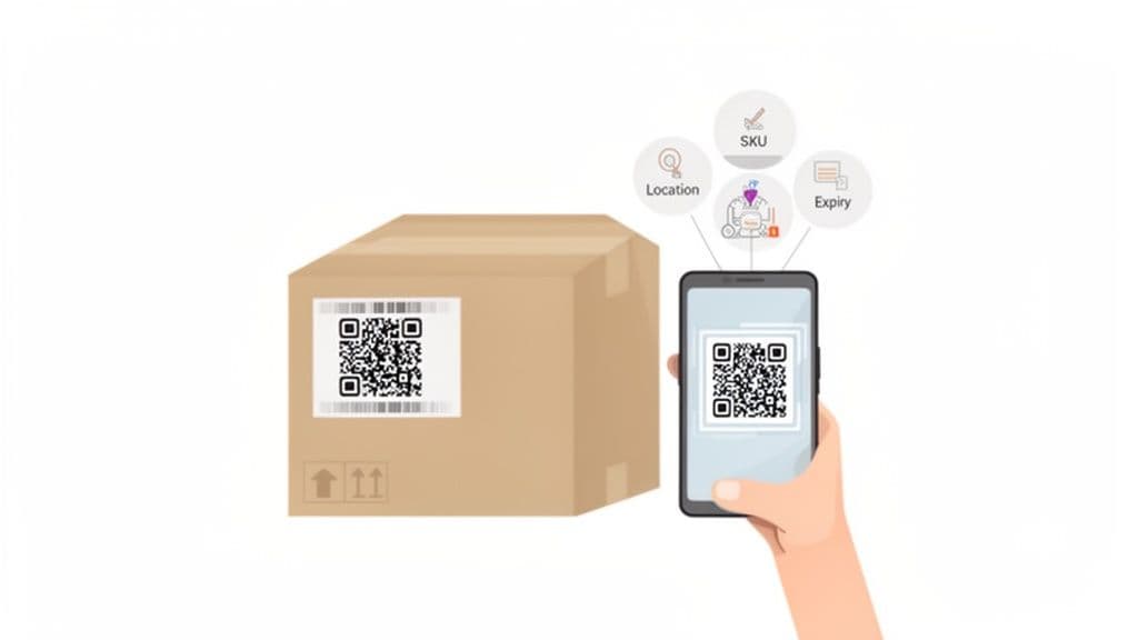 A hand scans a QR code on a package with a smartphone, revealing product location, SKU, and expiry data.