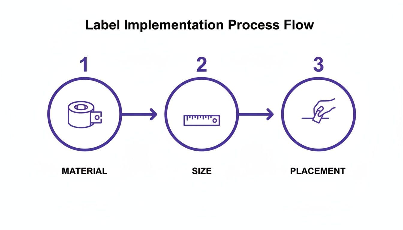 Flowchart illustrating the three-step label implementation process: material selection, size determination, and placement.