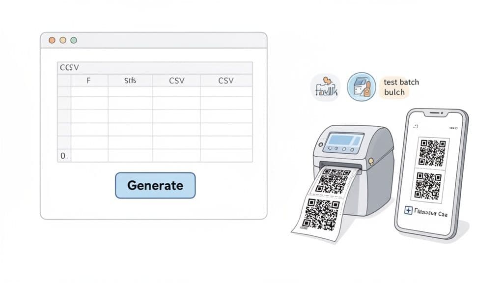 Illustration shows a software interface generating QR codes for printing and displaying on a mobile phone.