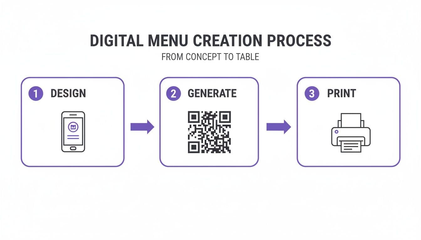 A three-step process for digital menu creation: design on a phone, generate a QR code, and print.