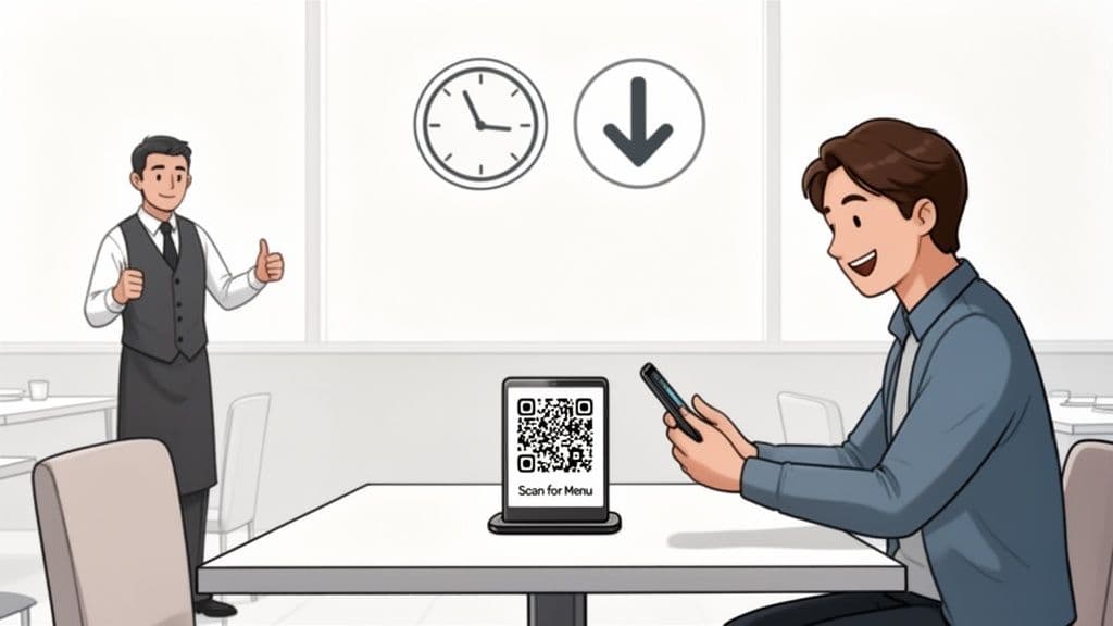 A man scans a QR code on a table stand to view a restaurant menu, while a waiter gives a thumbs up.