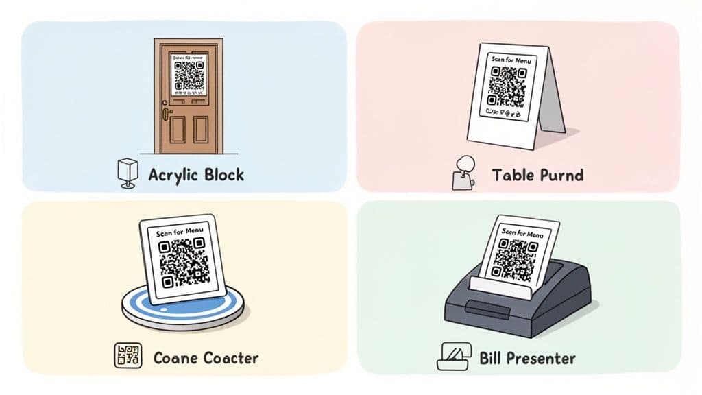 Illustrations of various QR code display methods for restaurant menus: door, table stand, coaster, and bill presenter.