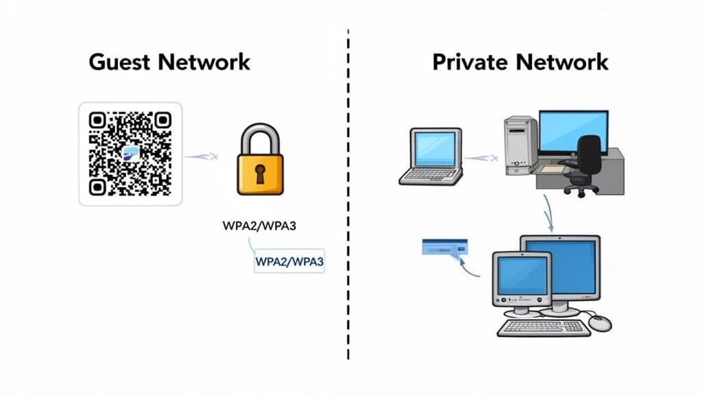 Diagram contrasting guest network access via QR code with WPA2/WPA3 security, and a private network with connected computers.