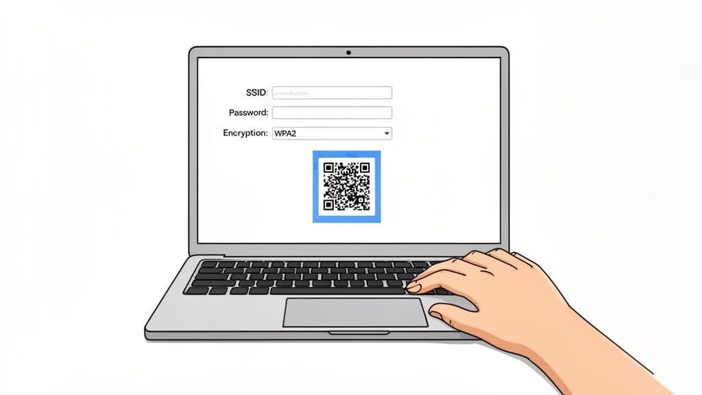 A hand interacts with a laptop displaying WiFi SSID, password fields, and a generated QR code.