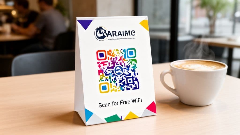 A white table tent with a colorful QR code for free WiFi on a wooden table in a cafe.