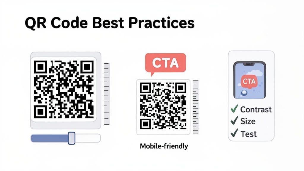Infographic showing QR code best practices, including contrast, size, testing, and mobile-friendly design.