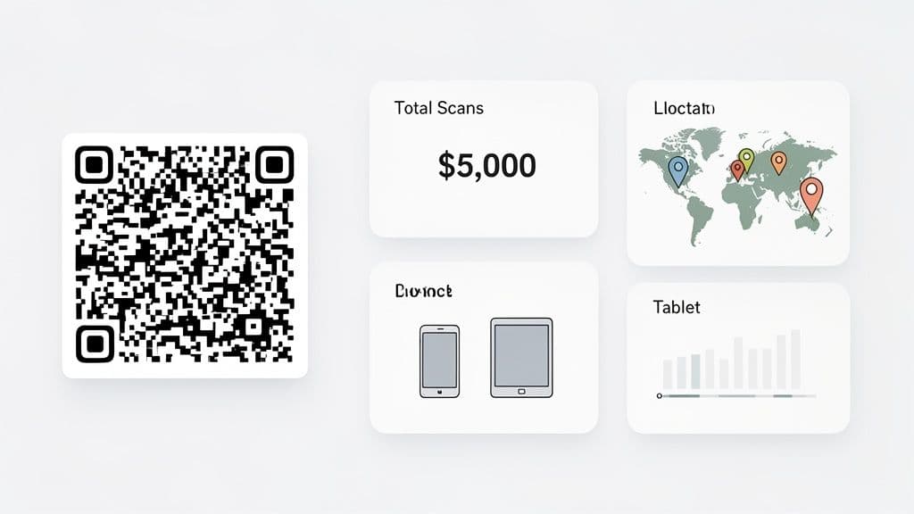 A digital dashboard displaying a QR code, total scans, a world map with location pins, and device usage metrics.
