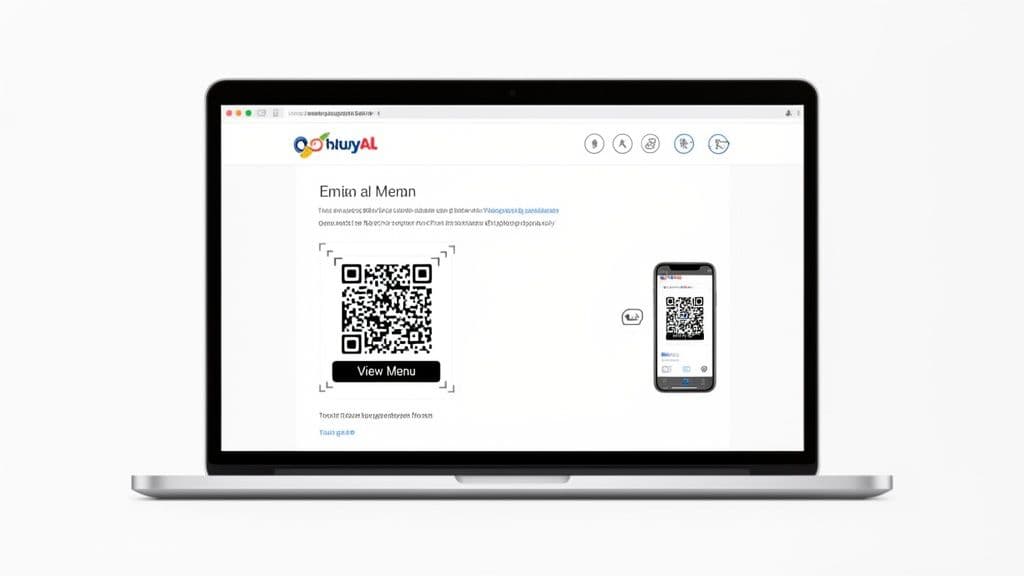 A laptop screen displaying a webpage with a large QR code and a smartphone showing another QR code for viewing a menu.