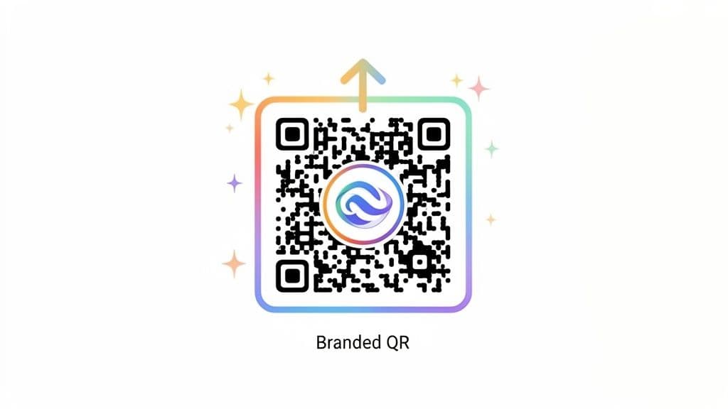 A colorful branded QR code with a logo in the center, surrounded by sparkles and an upward arrow.