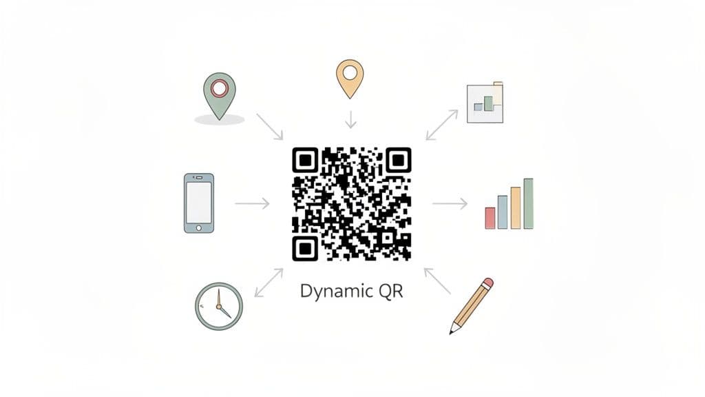 A dynamic QR code at the center, surrounded by icons for location, mobile, time, editing, files, and data statistics.