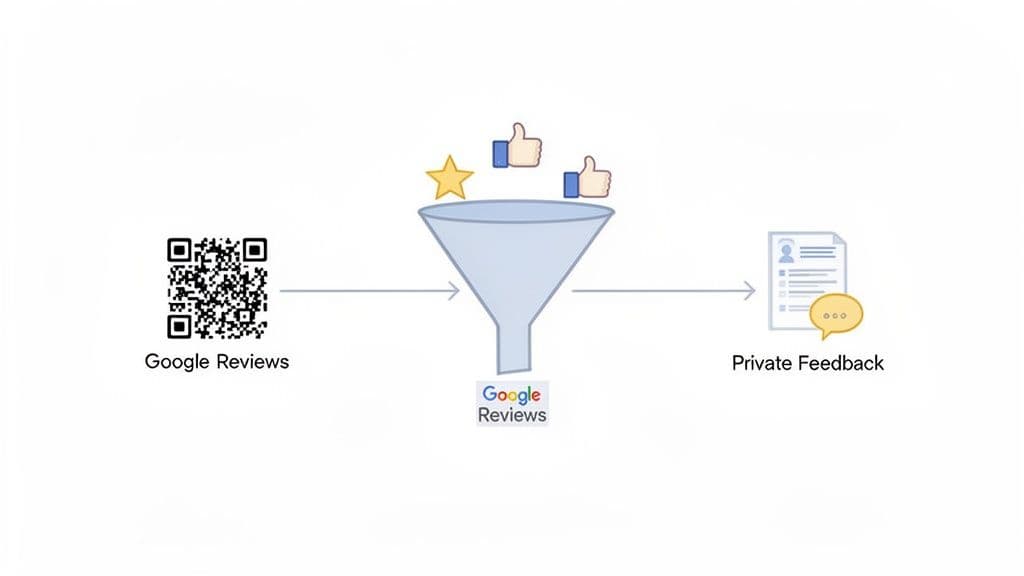 QR code for Google Reviews funnels customer feedback, separating positive reviews from private feedback.
