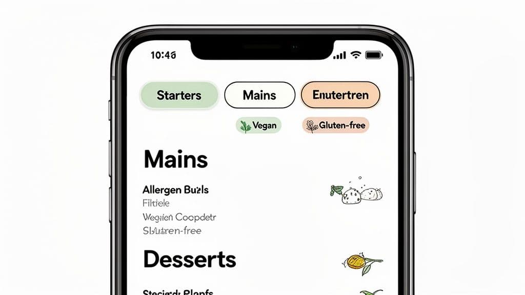 A smartphone displaying a digital menu app with 'Starters', 'Mains', 'Vegan', and 'Gluten-free' filters.