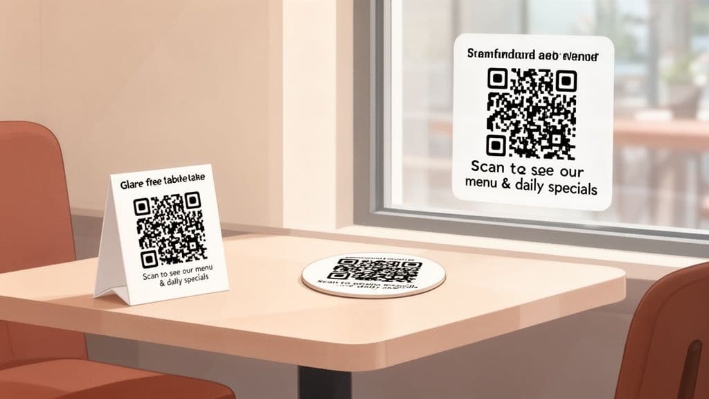 Three QR codes are displayed on a restaurant table and window, offering digital access to menus and daily specials.
