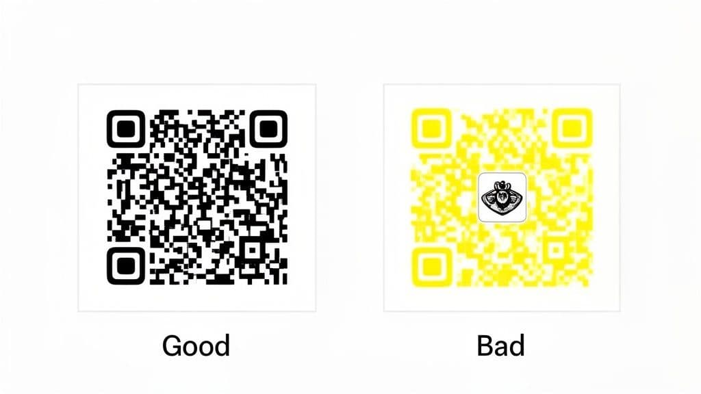 Two QR codes demonstrating good (black and white) and bad (yellow with logo) examples for readability.
