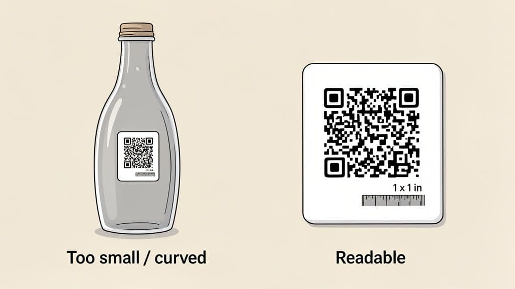 An illustration comparing a small, curved QR code on a bottle to a larger, flat, readable QR code, demonstrating readability issues.