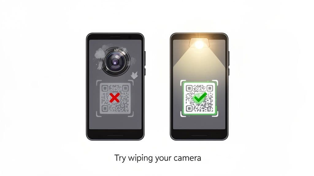 Two smartphones show scanning QR codes. A dirty camera fails, while a clean camera successfully scans.