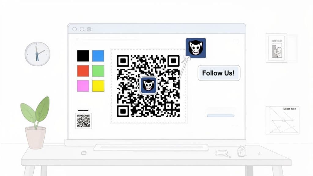 A digital interface displays a QR code with a custom logo and color options, encouraging social media follows.