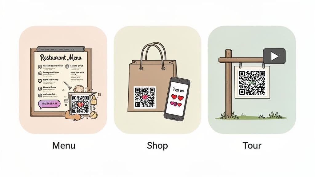 Illustrations showing QR codes for a restaurant menu, a shopping bag, and an outdoor tour sign.