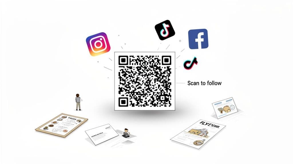 A central QR code with 'Scan to follow' text, surrounded by Instagram, TikTok, and Facebook social media logos.