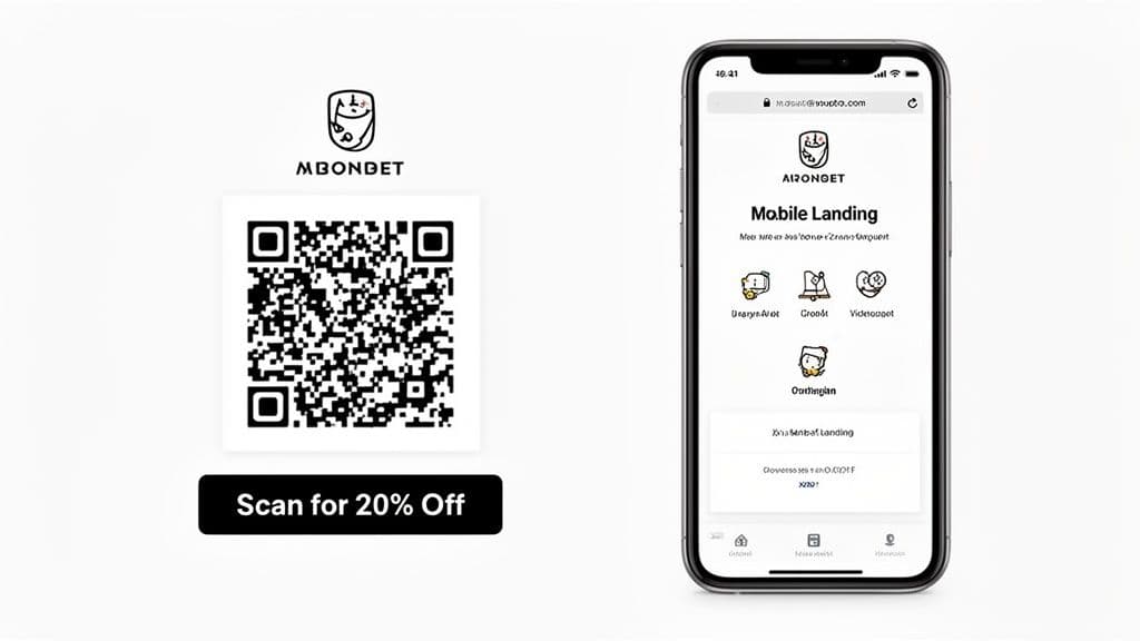 A QR code next to a smartphone displaying a mobile landing page for MBONDET, offering a 20% discount.
