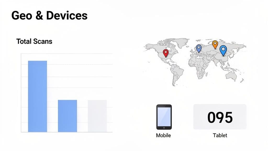 A dashboard displaying geographic and device scan data, including a bar chart, world map, and mobile/tablet numbers.