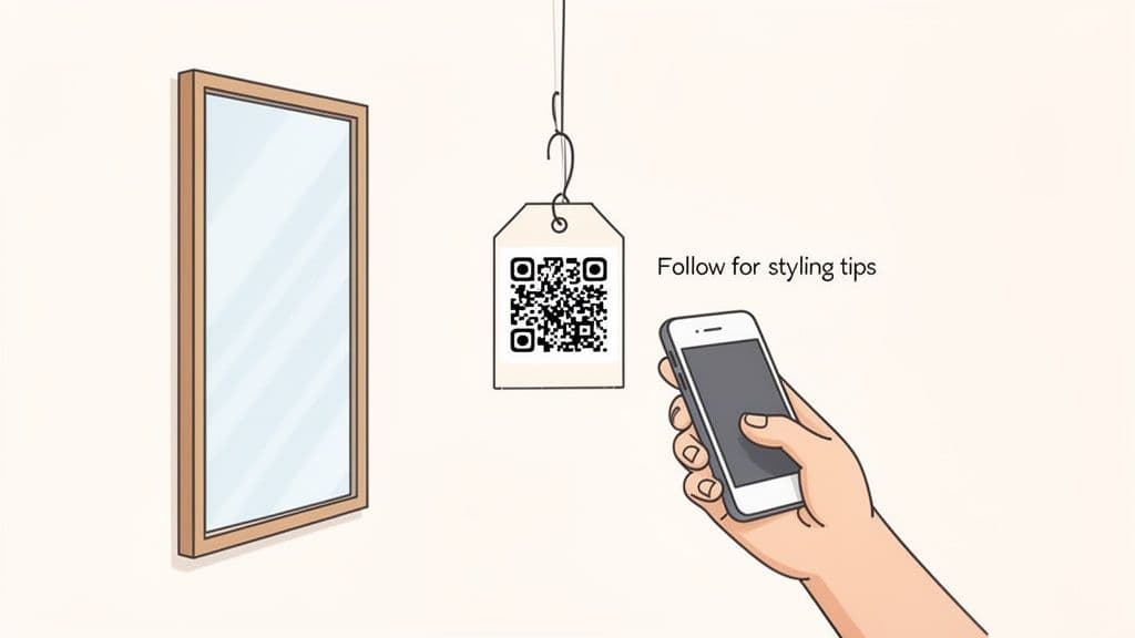 A hand holds a smartphone, scanning a QR code for styling tips next to a mirror.