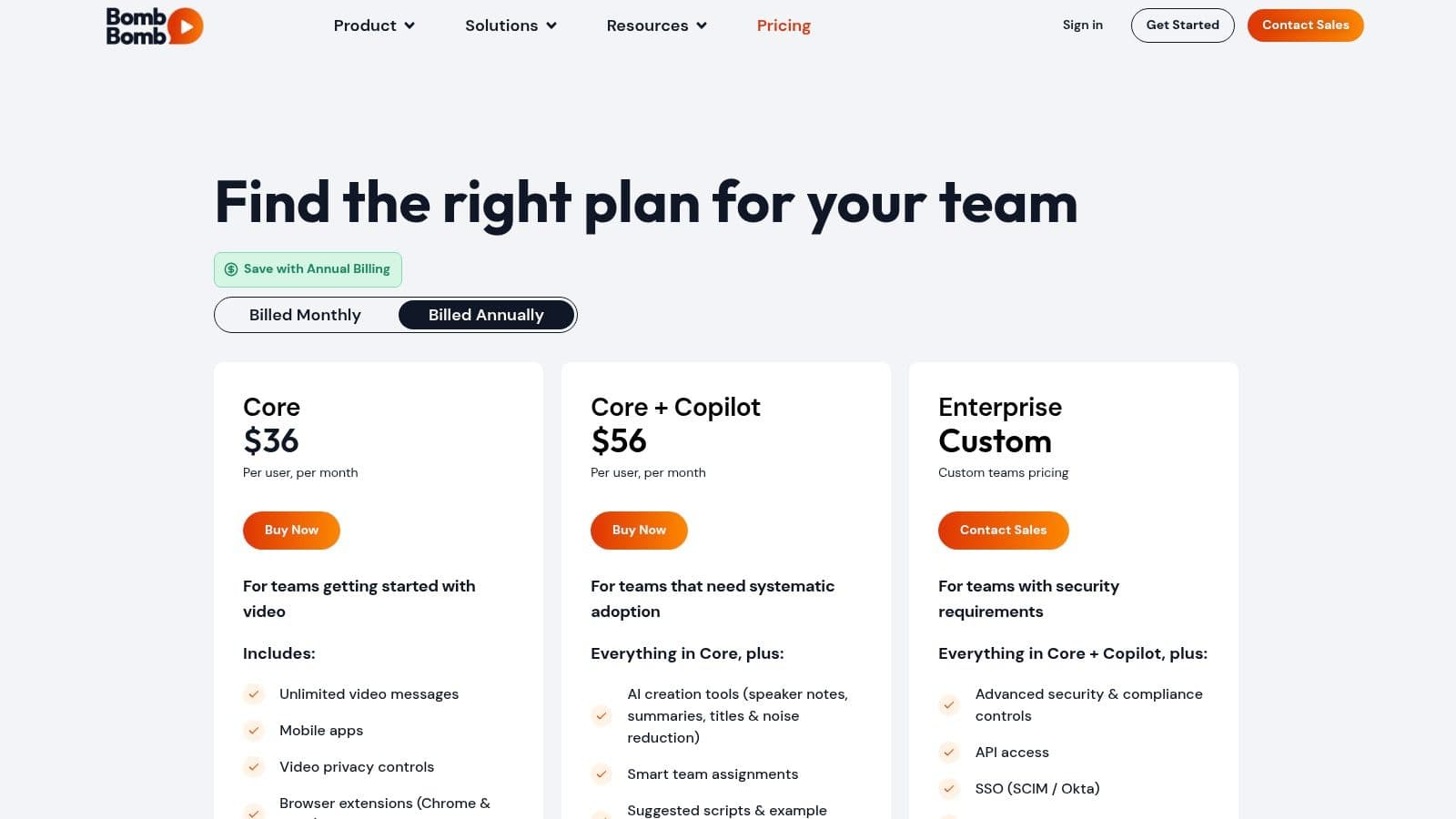 BombBomb's pricing plans, showcasing options for individuals and teams, which is a key consideration for real estate professionals selecting marketing tools.