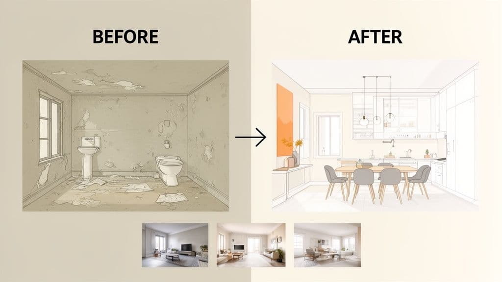 Before and after image illustrating a dilapidated room's renovation into a modern kitchen and dining area.