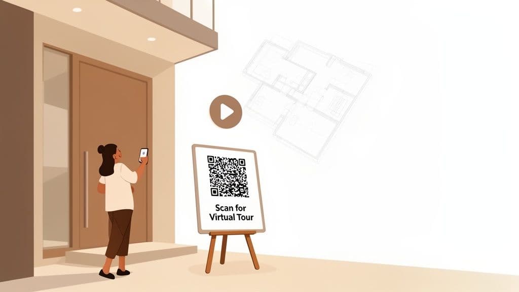 Woman scanning a QR code sign with her phone for a virtual real estate tour.