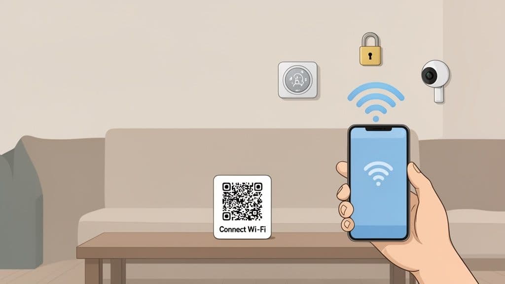 A hand holds a smartphone with Wi-Fi, connecting smart home devices and scanning a QR code.