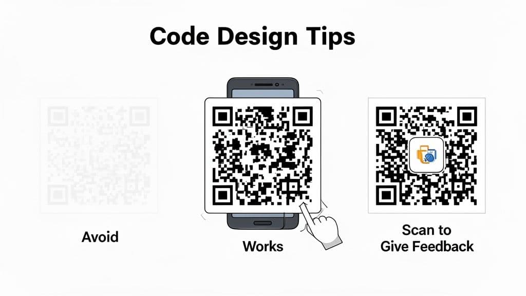 A visual guide to QR code design tips, showing examples of scannable, faded, and logo-enhanced QR codes.
