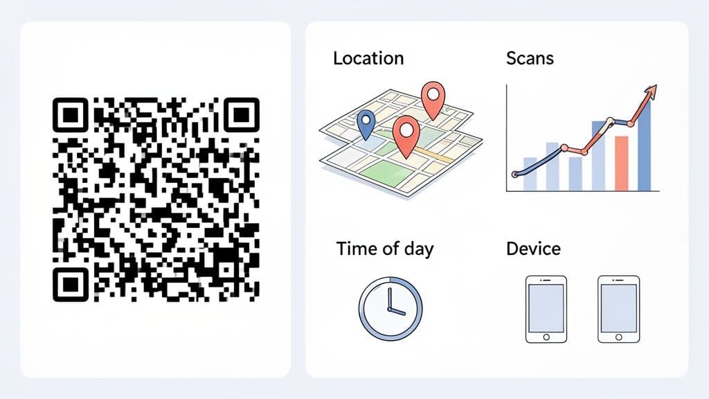 A QR code with visual data on scan locations, frequency, time of day, and mobile devices used.