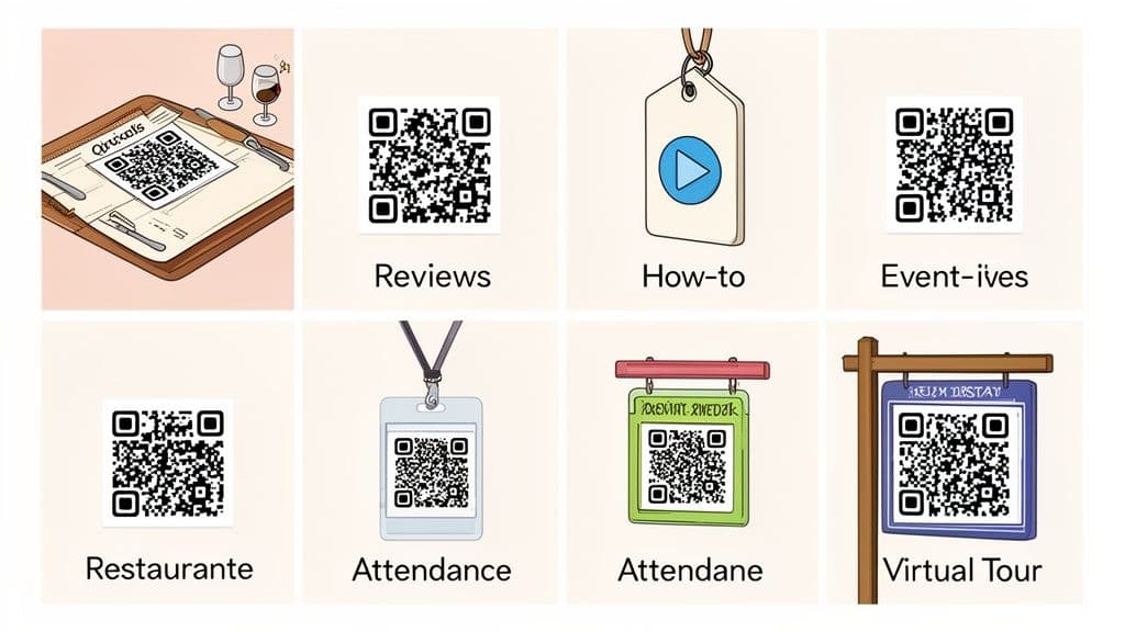 Eight creative examples of QR code applications with illustrative icons for menus, reviews, how-to guides, and virtual tours.