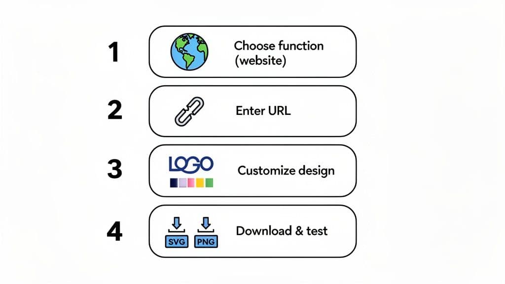 A four-step process for generating a customizable QR code for a website, from function selection to download.