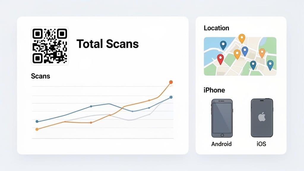 A digital dashboard displaying QR code scan analytics, including total scans, location data, and device usage trends.