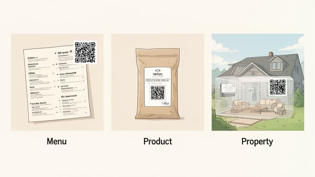 Illustrations demonstrate transparent QR codes seamlessly integrated into a menu, product packaging, and a house.