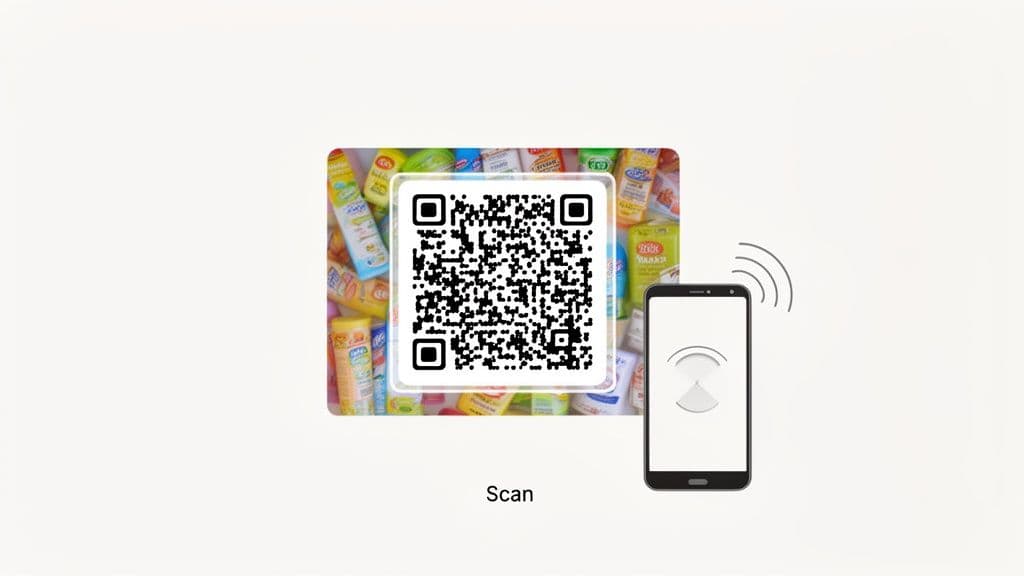 Smartphone scanning a QR code over colorful product packaging with 'Scan' text displayed below.