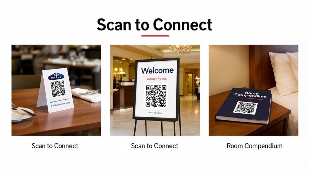 Three images showing QR codes on a table tent, a welcome sign, and a room compendium for hotel guests.