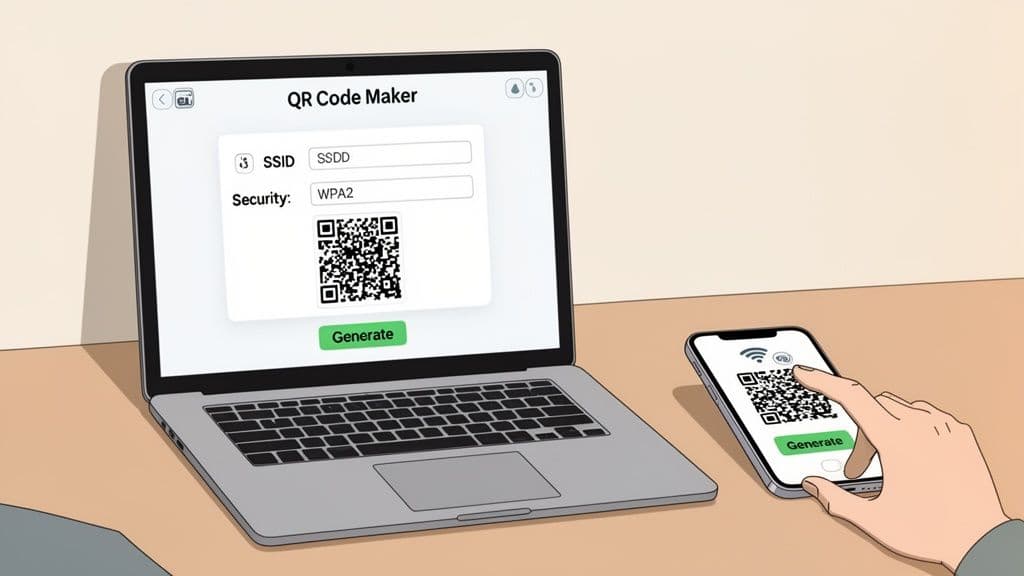 A laptop displays a Wi-Fi QR code generator, while a hand touches a smartphone also showing a QR code.