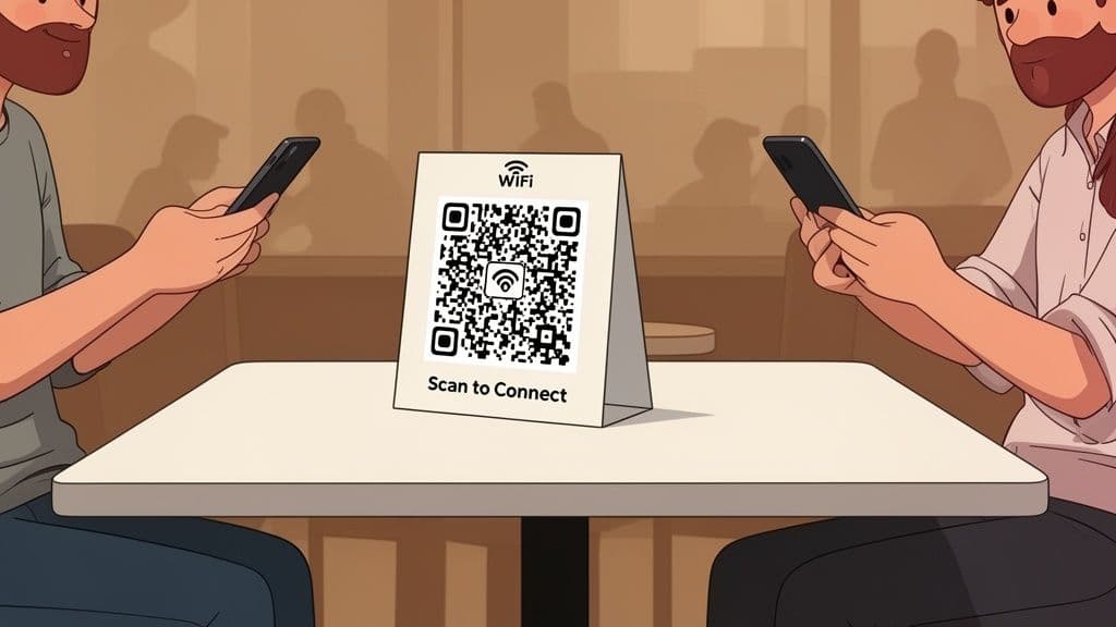 Two people are using their phones at a cafe table, with a WiFi QR code stand to connect.