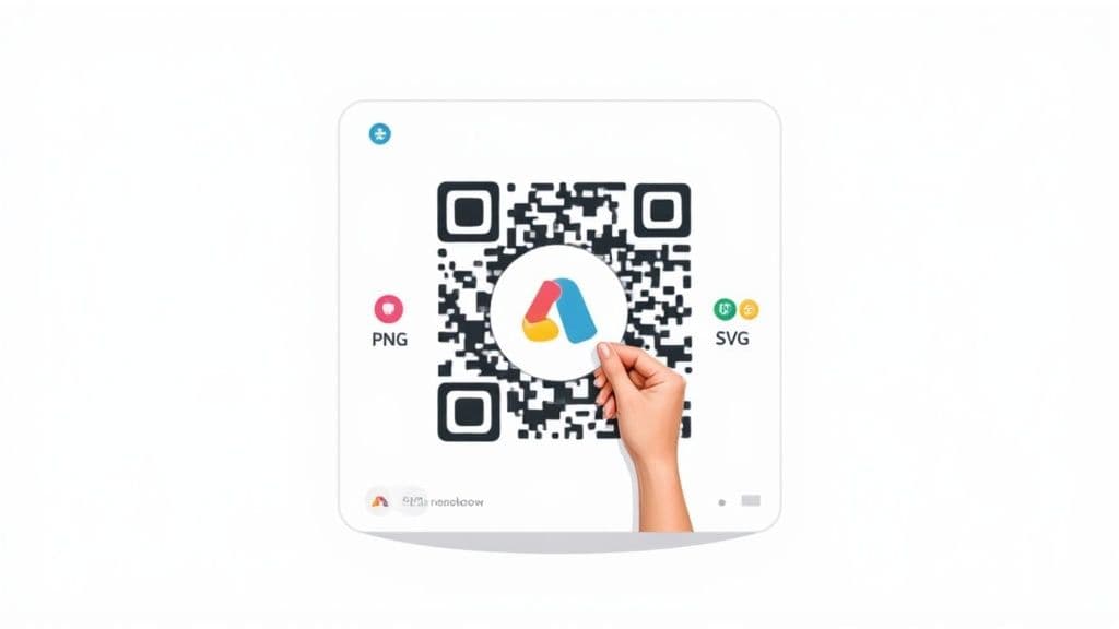A hand holds a colorful abstract logo inside a QR code on a white card, showing PNG and SVG options.