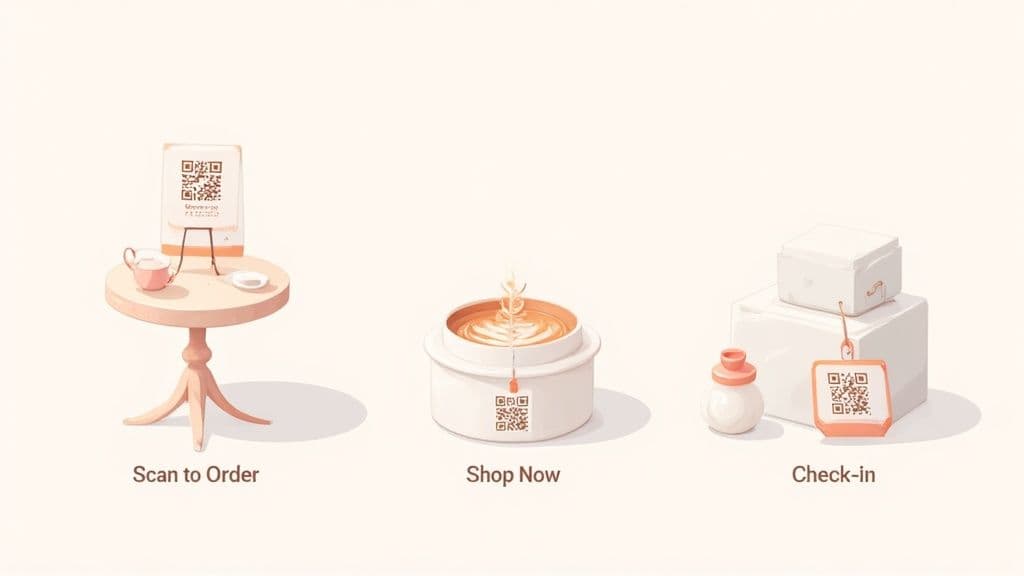 Illustrations demonstrating various uses of QR codes for ordering, shopping, and check-in services.