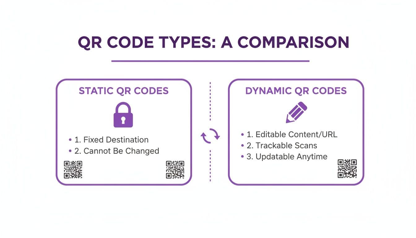 An infographic comparing static and dynamic QR code types, highlighting their key features and differences.
