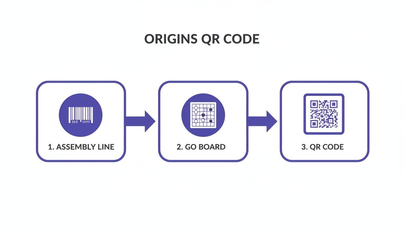 A diagram illustrates the origins of a QR code, showing a progression from a barcode to a Go board, then to a QR code.